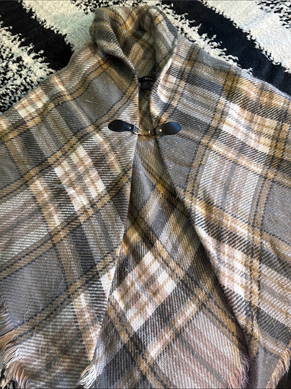 Mossimo Supply Co. Plaid Hooded Poncho in Gray, Tan & Cream